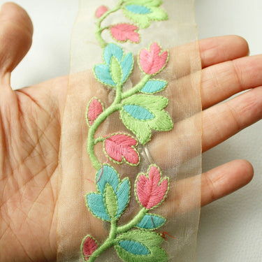 Gold Sheer Trim With Green, Blue And Pink Floral Embroidery, Approx. 65mm Wide